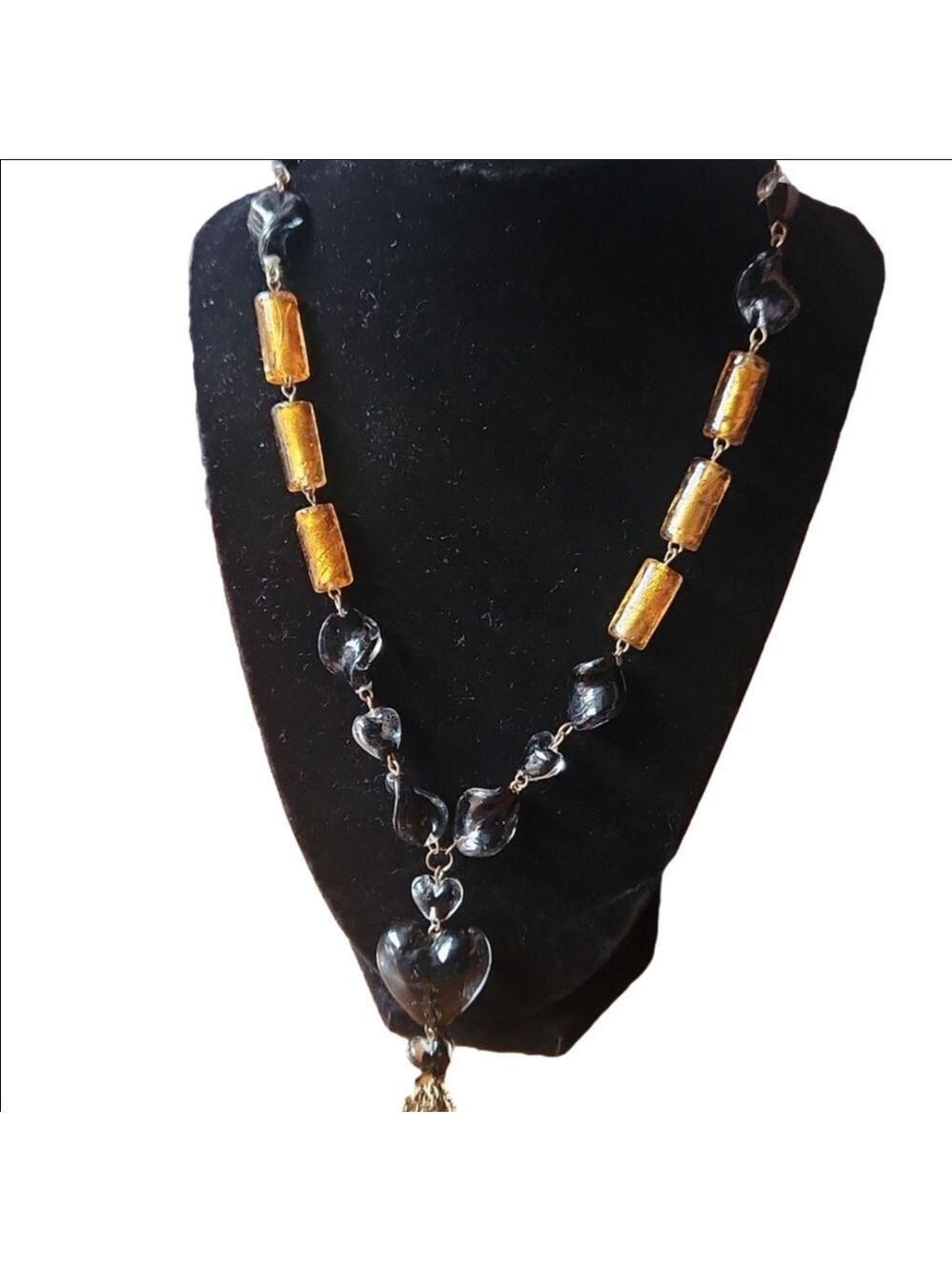 Vintage Glass 42" long‎ necklace, with glass heart pendant